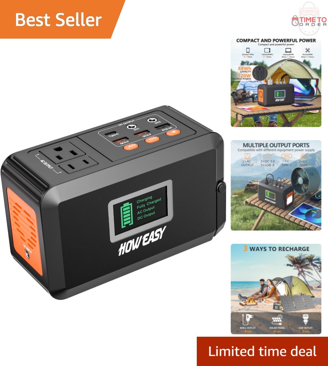 Portable Power Station 88Wh Lithium Battery 120W Solar Generator for Camping.