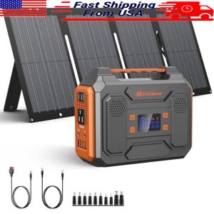 Portable Solar Generator 300W Power Station W/ 60W Solar Panel Camping Backup.