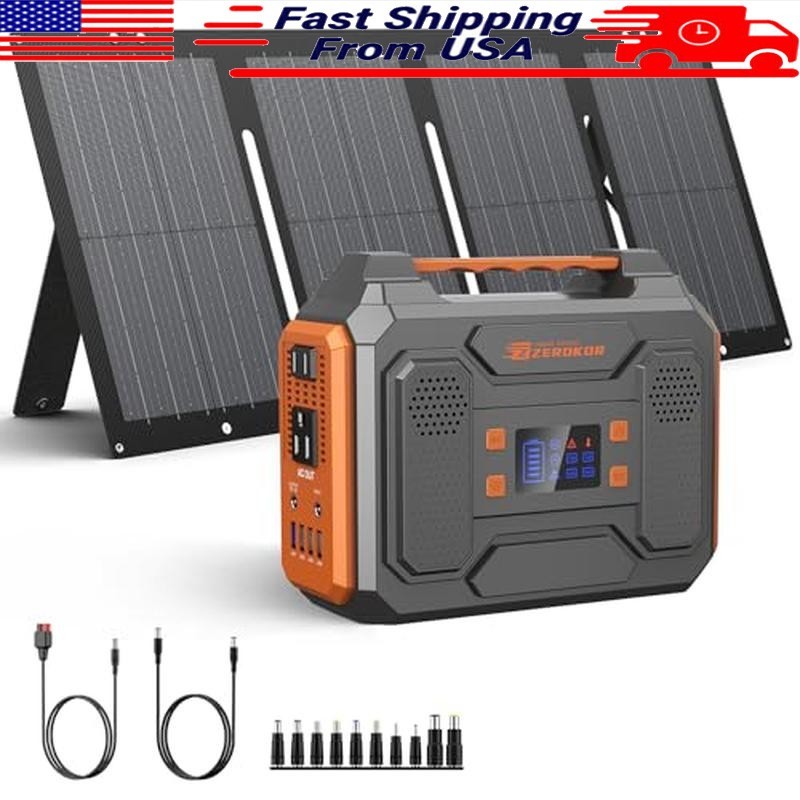 Portable Solar Generator 300W Power Station W/ 60W Solar Panel Camping Backup US.
