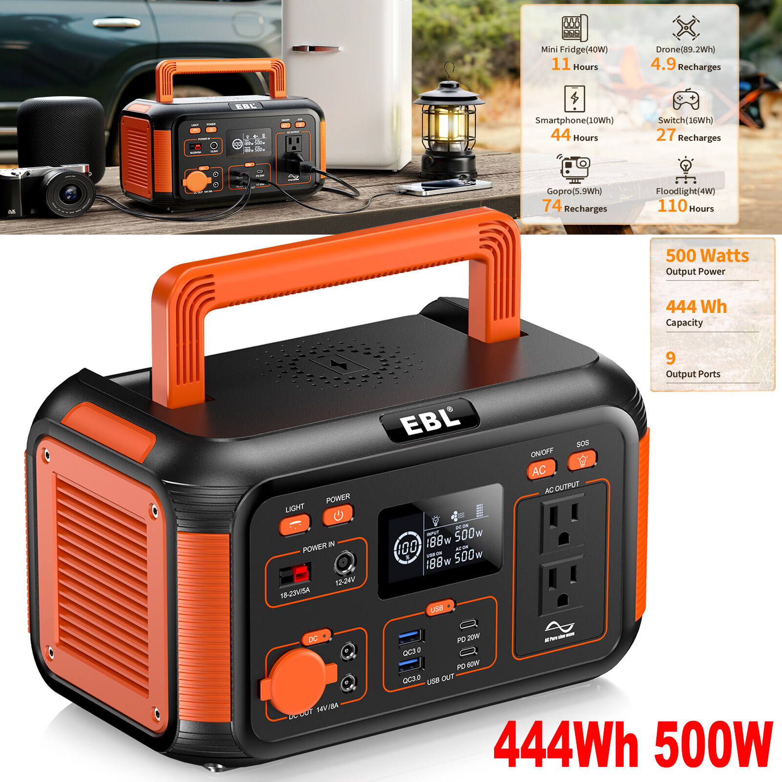 Peak 1000W Power Station ,500W 444Wh Portable Solar Generator Battery Camping.