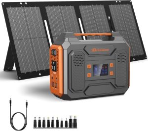Portable Solar Generator 300W with Foldable 60W Panel Orange.