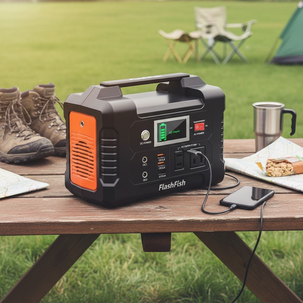Compact Solar Generator – 200W Power Station with 6 Outputs for Travel & Home.