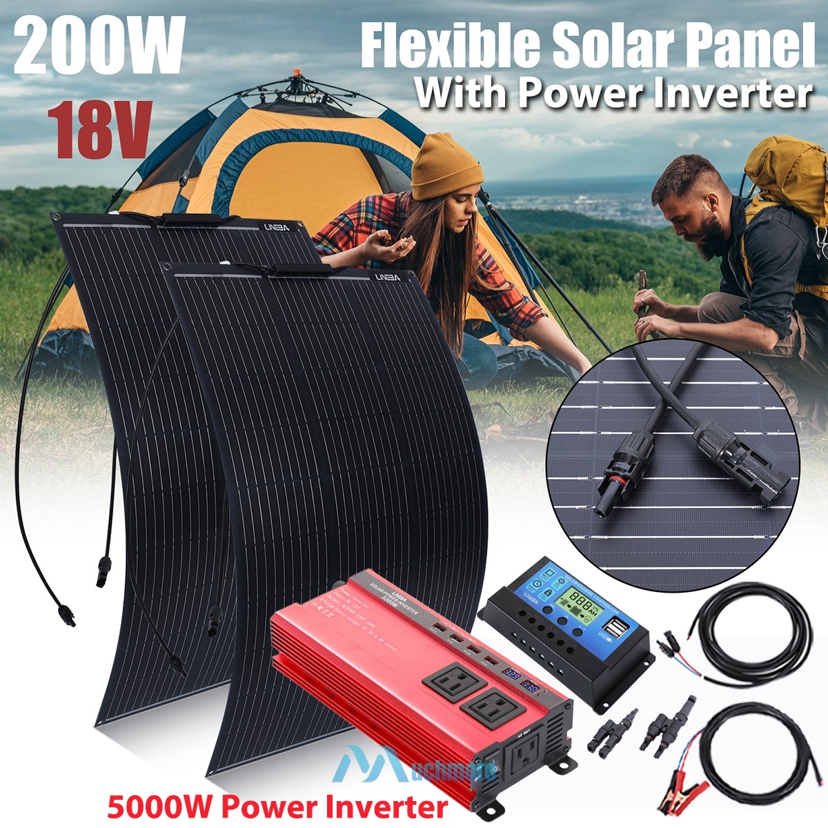 200W 100W Mono Solar Panel Kit Solar Charger for Home RV Camping Power Station